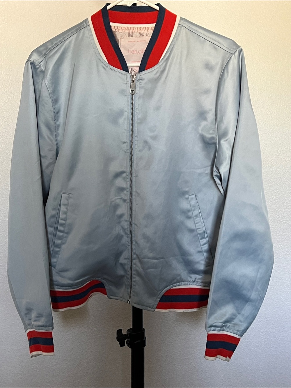 ban.do “SOMEWHERE” Light Blue Satin Bomber Jacket with Red & Navy Trim